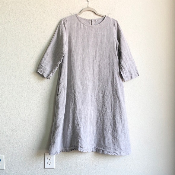 Muji Dresses & Skirts - Muji Linen 3/4 Sleeve Pocket Dress Heathered Grey Medium Lagenlook Layering